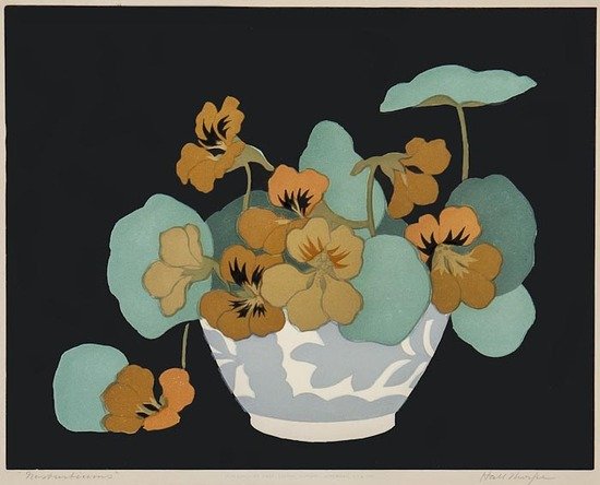 John Hall Thorpe (1874-1947) Nasturtiums: John Hall Thorpe (1874-1947) Nasturtiums,colour woodcut, signed in pencil lower right, 1922, titled lower left, 230 x 290mm. (9 x 11 1/2 in). IMPORTANT: Thi