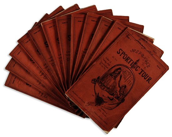 [Surtees (Robert Smith)] Mr. Sponge's Sporting Tou: [Surtees (Robert Smith)] Mr. Sponge's Sporting Tour,in the original 12/13 parts, first edition, 13 hand-coloured etched plates by John Leech, wood-engraved illustrations, advertisements and in