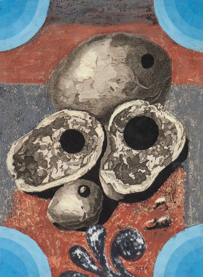 Eileen Agar (1899-1991) Untitled (Avocado Pears),: Eileen Agar (1899-1991) Untitled (Avocado Pears), 1982coloured chalks and watercolour over collaged elements signed AGAR at lower right 10 x 7 1/2 in., 25.4 x 19 cm Exhibited: Pallant Hous