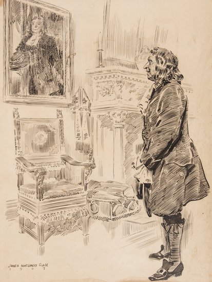 Flagg (James Montgomery) Man Contemplating Portrai: Flagg (James Montgomery) Man Contemplating Portraitoriginal pen and ink drawing, signed and dated lower left, approx. 628 x 467mm. n.p., 1907.