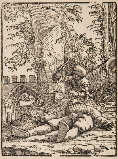 Albrecht Altdorfer (1480-1538) Jael and Sisera: Albrecht Altdorfer (1480-1538) Jael and Sisera,woodcut, on laid paper without watermark, c.1520-1525, [B. 43; New Holl. 43]; 123 x 96mm. (4 3/4 x 3 3/4 in), unframed ***Provenance: wit