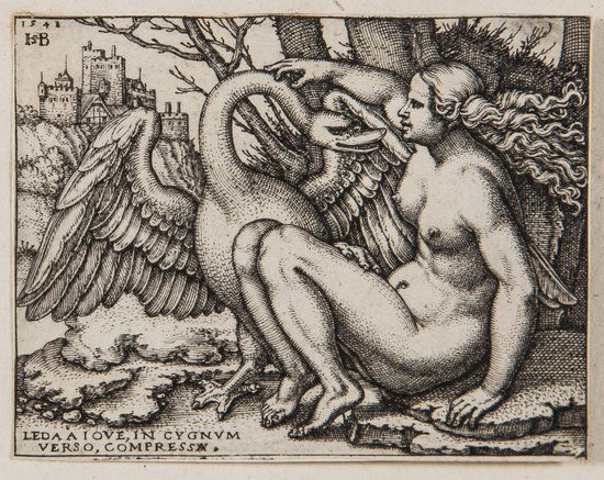 Hans Sebald Beham (1500-1550) Leda and the swan: Hans Sebald Beham (1500-1550) Leda and the swan,engraving, 1548, final state of II, a good impression, [B. 112; Holl. 114.II], 45 x 60mm., (1 3/4 x 2 1/4 in), unframed.