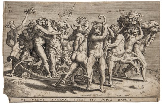 [Hieronymous Cock (Publisher, c.1510-1570)] Ut Ven: [Hieronymous Cock (Publisher, c.1510-1570)] Ut Venus enervat vires sic copia Bacchi,engraving, c.1556, 215 x 290mm. (8 1/2 x 11 1/4 in), unframed.