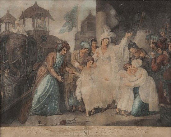 Francesco Bartolozzi (1725-1815) The Departure of: Francesco Bartolozzi (1725-1815) The Departure of the Sons of Tippoo from the Zenana,stipple engraving, with hand-colouring, after Mather Brown, 480 x 605mm., Orme, 1793.