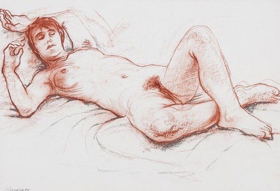 Peter Howson (b.1958) Reclining nude: Peter Howson (b.1958) Reclining nude,red and black chalks on paper, signed in pencil lower left, 28 x 39cm (11 x 15 1/4 in). IMPORTANT: This lot is sold sub