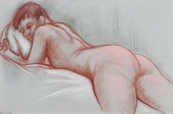 Peter Howson (b.1958) Nude lying on her front: Peter Howson (b.1958) Nude lying on her front,coloured chalks on grey paper, signed in black chalk lower left, 30 x 44cm (11 3/4 x 17 1/4 in). IMPORTANT: Th