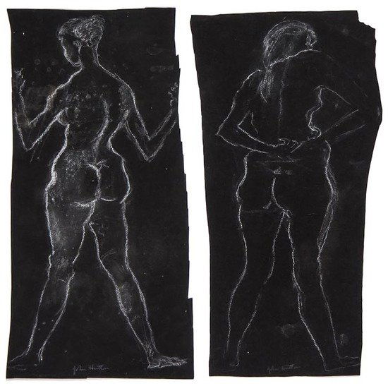 John Hutton (1906-1978) Standing female nudes: John Hutton (1906-1978) Standing female nudes,a pair, white chalk on black paper, each signed in pencil, each c. 35 x 14cm (13 3/4 x 51/2 in), unframed (2).