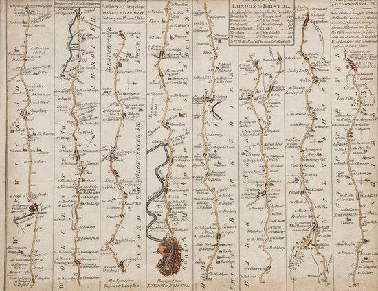 John Senex The Road from London to Bristol: John Senex The Road from London to Bristol,engraved strip road map, including A Branch from Banbury to Campden, in Gloucestershire, with hand-colouring, c.1775, [Sayer & Bennett], 300 x 375mm.