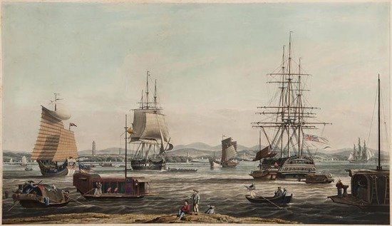 After William John Huggins [View of Whampoa near C: After William John Huggins [View of Whampoa near Canton],hand-coloured aquatint by Edward Duncan, 1835, 355 x 585mm. (14 x 23 in), mounted on lettered support, unframed.
