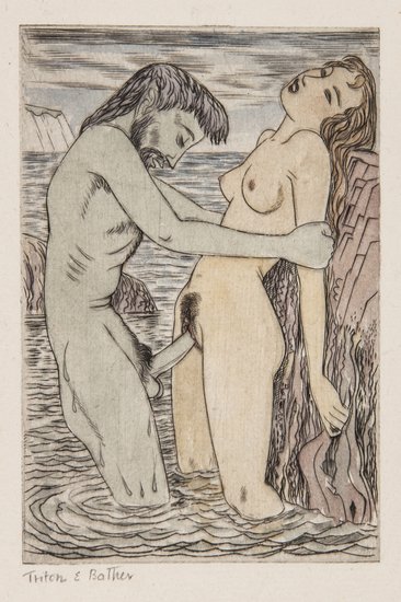 Buckland Wright (John) Triton & Bather: Buckland Wright (John) Triton & Bather,engraving with extensive hand-colouring, titled in pencil, full margins, 106 x 75 mm., c. 1954, with 2 more erotic engravings by Buckland Wright (3)
