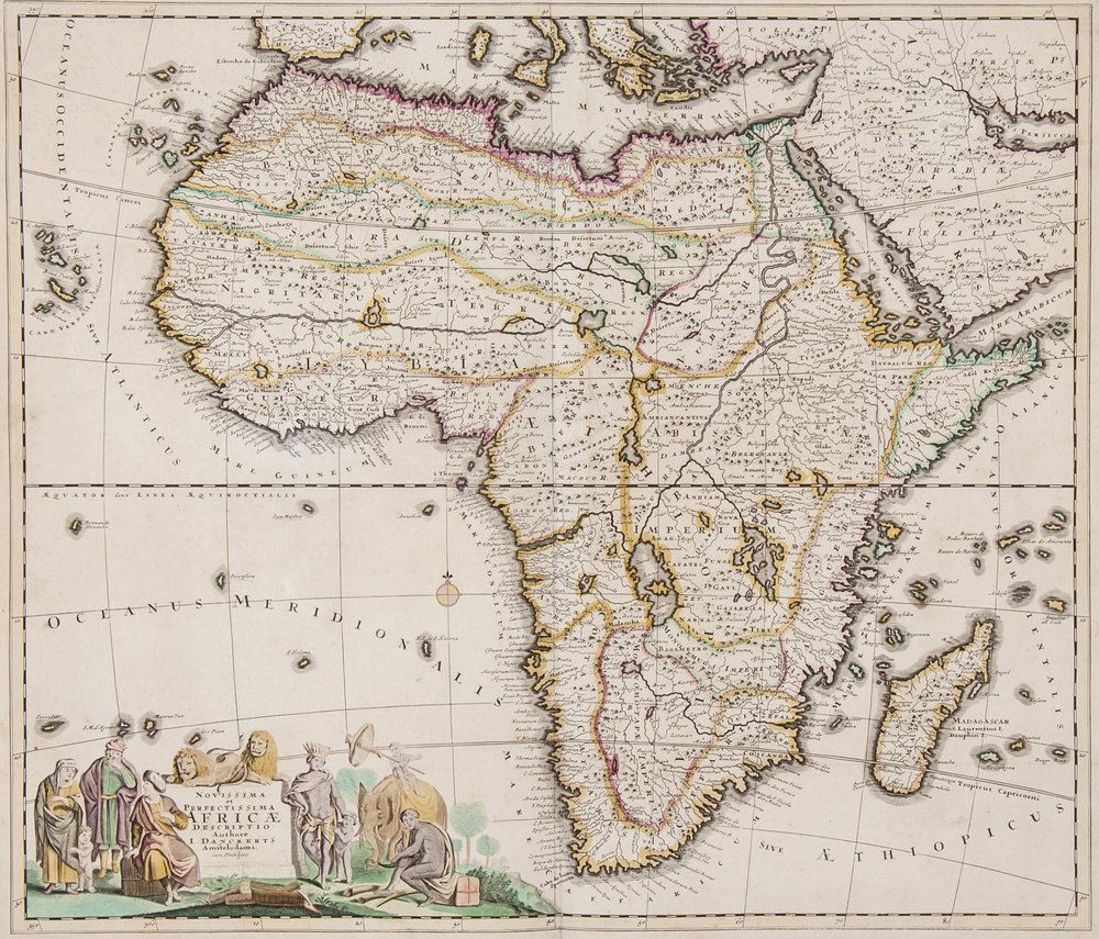 Danckerts (Justus) Novissima et Perfectissima Afri: Danckerts (Justus) Novissima et Perfectissima Africae Descriptio ...,Africa, with decorative title lower left showing African people, lions, and elephants, based on De Wit's map of 1680, engra