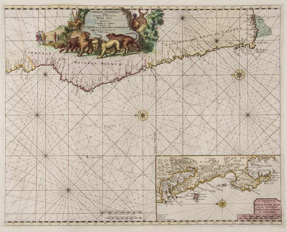 Ottens (Reinier and Josua) Cimbebas et Caffariæ Li: Ottens (Reinier and Josua) Cimbebas et Caffariæ Littora a Catenbela ad Promontorium Bonæ Spei,Southern Africa, north oriented to the left, a later version of a De Wit map with inset plan of th
