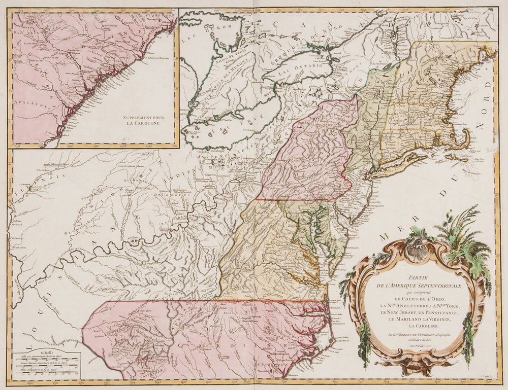 De Vaugondy (Gilles Robert) Partie de l'Amerique S: De Vaugondy (Gilles Robert) Partie de l'Amerique Septentrionale, qui Comprend le Cours de l'Ohio ...,map of the British colonies, based upon John Mitchell's map of North America from the same