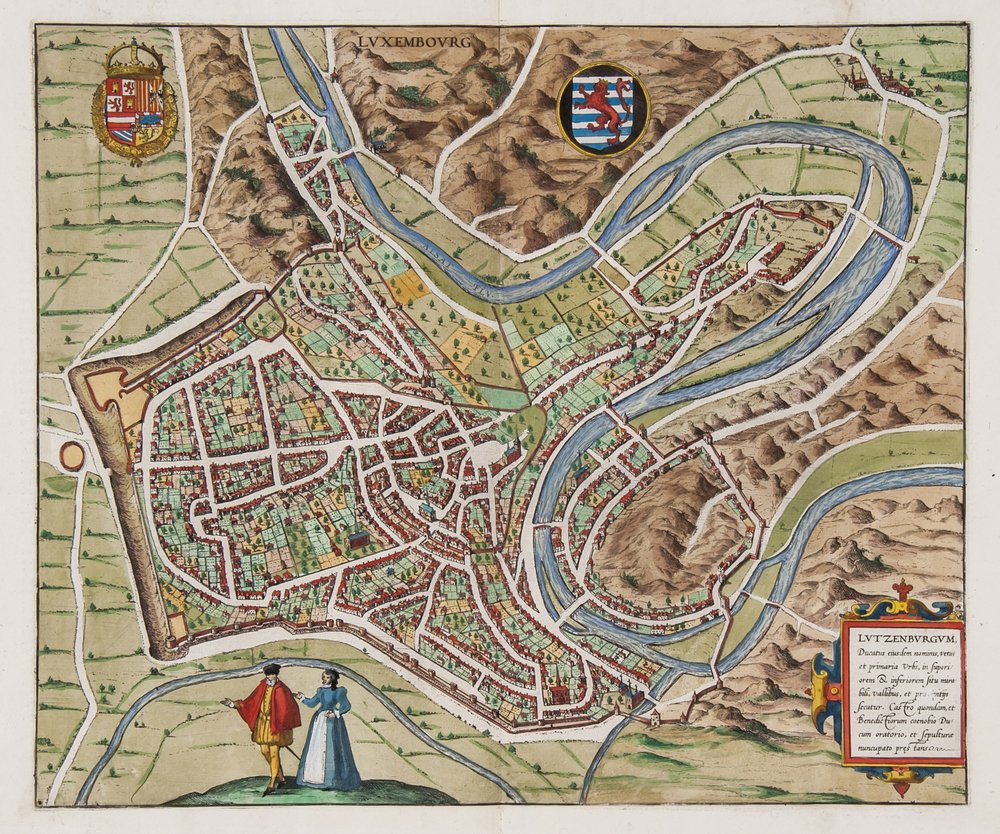 Braun (Georg) and Franz Hogenberg. Luxembourg - Lu: Braun (Georg) and Franz Hogenberg. Luxembourg - Lutzenburgum, Ducatus eiusdem Nominis, Vetus et Primaria Urbs ...,bird's-eye plan view, title cartouche lower right, engraving with hand-colouri