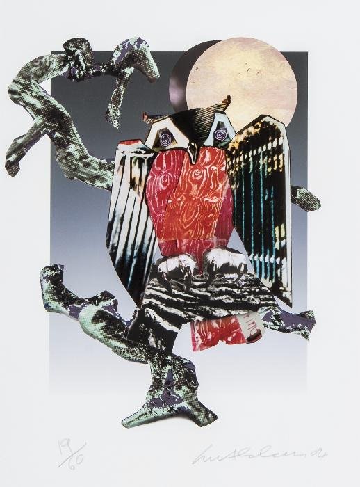 screenprint in colours, 2004, signed and dated in: Ivor Abrahams (b.1935) Owlscreenprint in colours, 2004, signed and dated in pencil, numbered 19/60, on wove paper, with full margins, 465 x 370 mm (18 1/4 x 14 1/2 in)