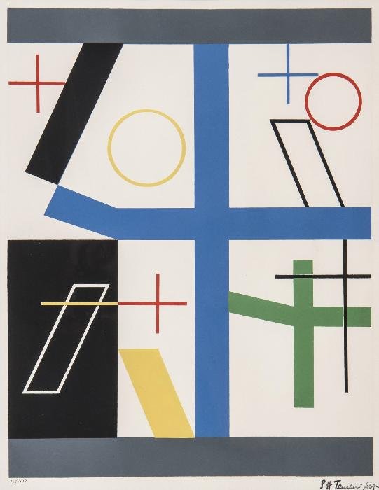 Sophie Taeuber-Arp (1889-1943) Quatre Espaces ï¿½: Sophie Taeuber-Arp (1889-1943) Quatre Espaces ï¿½ Croix Brisï¿½escreenprint in colours, stamped and numbered 215/300, on wove paper with full margins. 430mm x 335 (17 x 14in)
