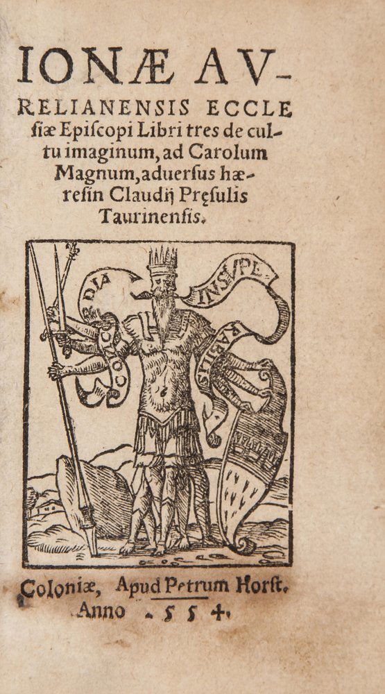 (Bishop of Orléans) Libri tres de Cultu Imaginum,: Jonas (Bishop of Orléans) Libri tres de Cultu Imaginum, device on title, initials, 3 final blank ff. present, some marking at start, later biographical notes on fly-leaves, later pigskin, moro