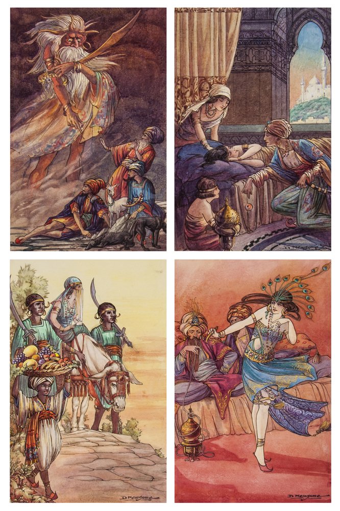 Newsome (Dorothy) Tales from the Arabian Nights: Newsome (Dorothy) Tales from the Arabian Nights,comprising 12 illustrations and 2 dust jacket designs, 4 watercolours, 8 monochrome ink and wash, the dust jackets in watercolour and gouache, v