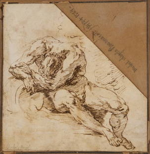 Circle of Francesco Salvator Fontebasso Male nude: Circle of Francesco Salvator Fontebasso Male nude with head slumped in arms,pen and brown ink, on unevenly cut laid paper, inscribed in pencil Michel Angelo lower left, with further inscribed pencil