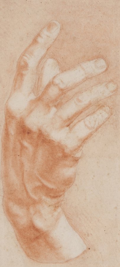 French School (17th Century) A pair of studies of: French School (17th Century) A pair of studies of hands,red chalk, on laid paper, each c.31 x 14cm (12 x 5 1/2 in); with an 18th century red chalk study of a hand, and an 18th century study of