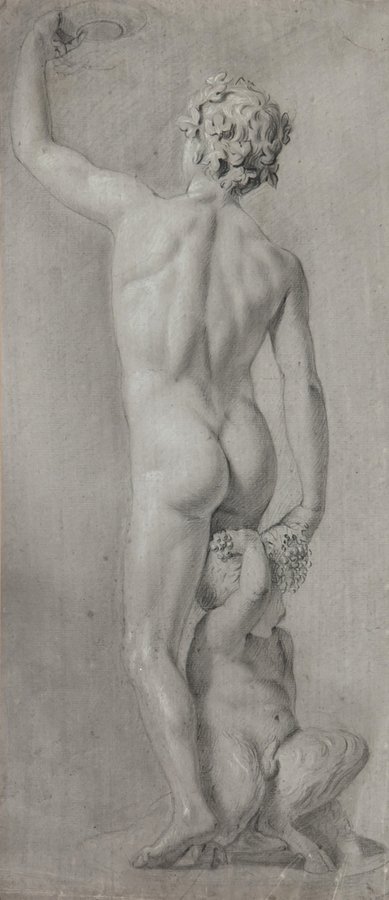 French School (18th Century) Bacchus, and infant s: French School (18th Century) Bacchus, and infant satyr,after Jacopo Sansovino, black chalk, heightened with white, on grey washed laid paper, 48 x 21cm (18 3/4 x 8 1/4 in); with another French