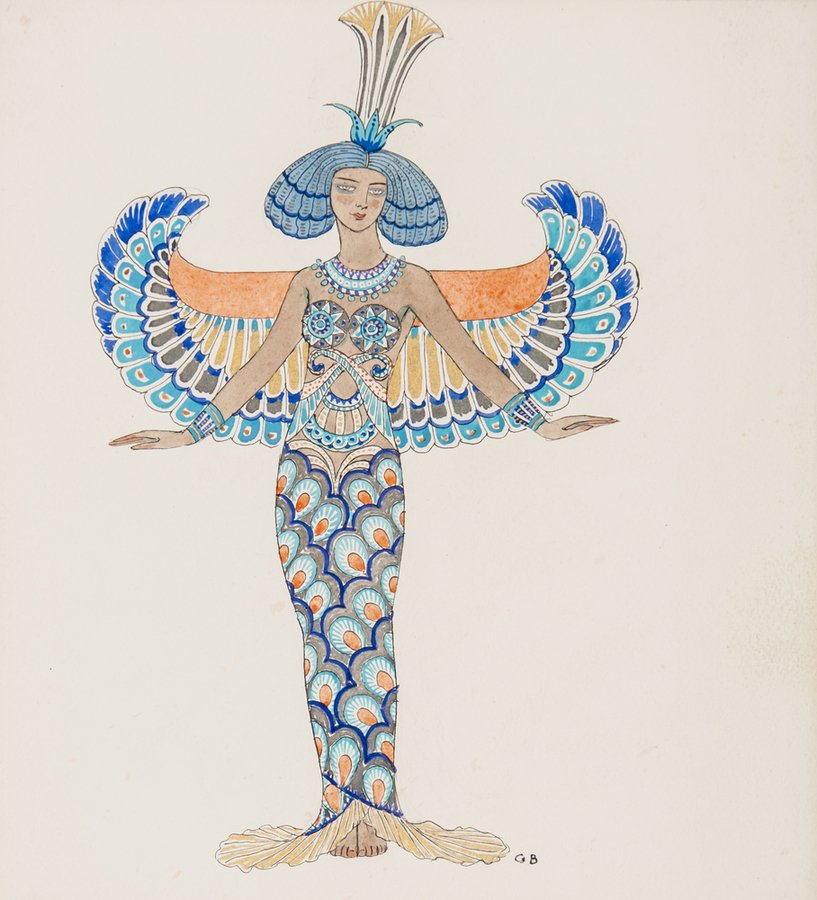 George Barbier (1882-1932) Exotic Egyptian costume: George Barbier (1882-1932) Exotic Egyptian costume design,pen and ink with gouache and watercolour, extensively heightened with silver, signed with initials lower right, 23.5 x 21.5cm (9 1/4 x