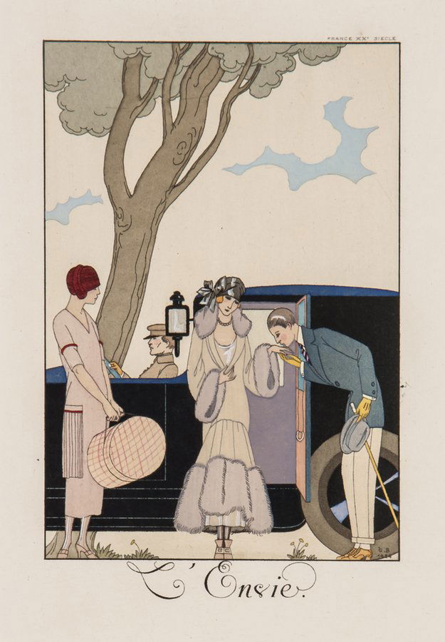 Georges Barbier (1882-1932) L'Ensie; La Luxure; La: Georges Barbier (1882-1932) L'Ensie; La Luxure; La Souris,three pochoir-coloured plates from Falbalas & Fanfreluches, also with 'Symphonie Automnale' from La Gazette du Bon Ton, and 2 plates M