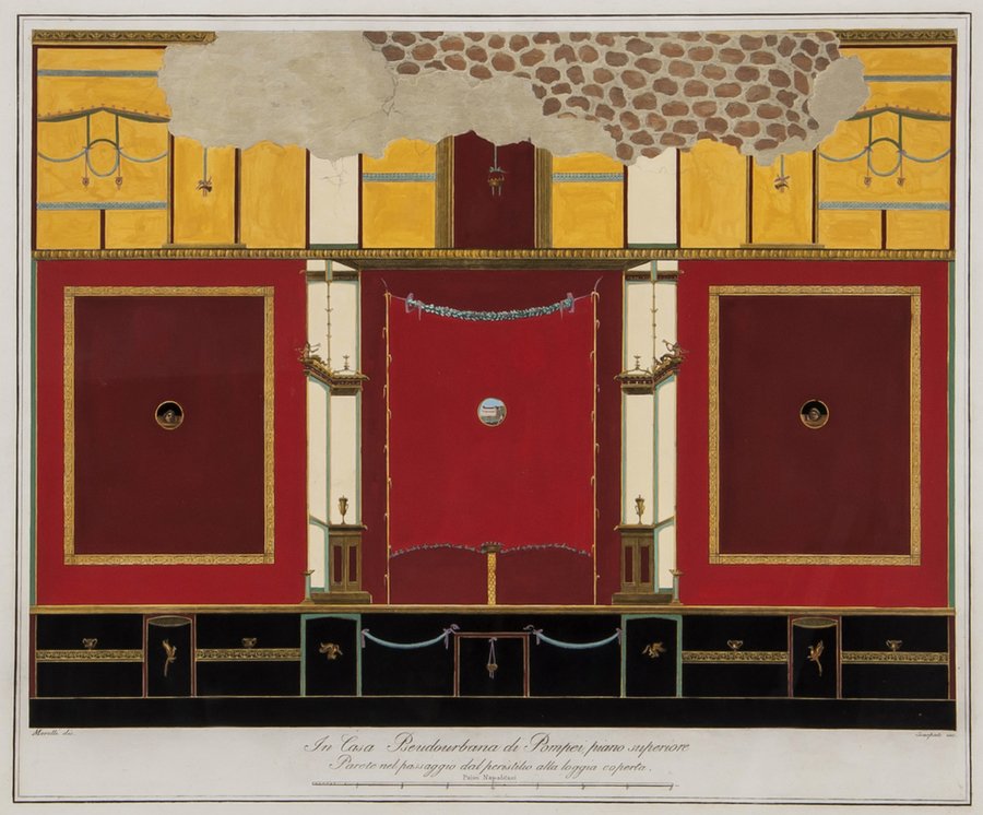 After Giuseppe Chiantarelli and Morelli A group of: After Giuseppe Chiantarelli and Morelli A group of six Pompeian interiors,engravings with hand-colouring, c.1805, v.s., largest 510 x 630mm. (20 x 24 3/4 in) (6).