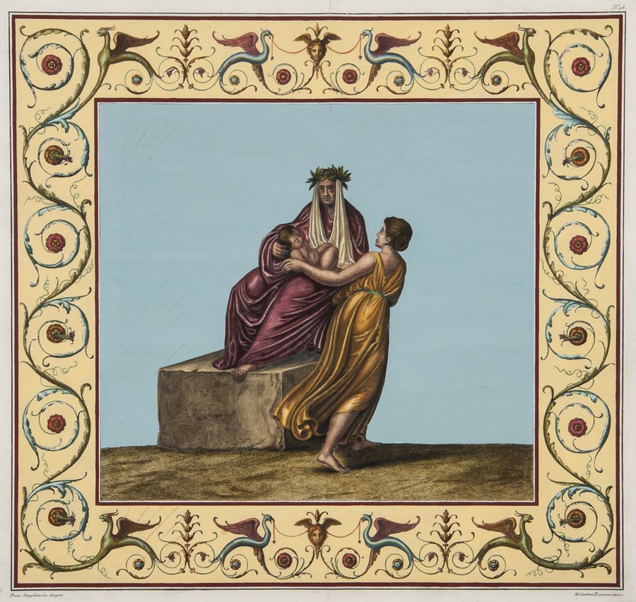 After Franciszek Smuglewicz Four plates depicting: After Franciszek Smuglewicz Four plates depicting Roman murals,from Giuseppe Carletti's Vestigia delle Terme di Tito e loro Interne Pitture, engravings, richly hand-coloured in gouache and wat