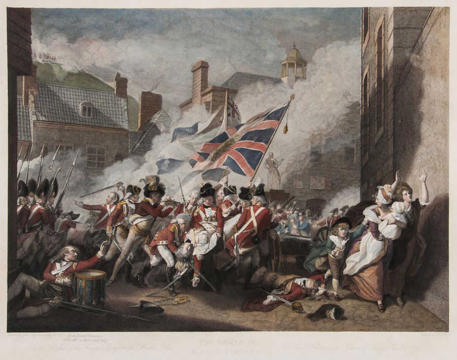 After John Singleton Copley (1738-1815) The Death: After John Singleton Copley (1738-1815) The Death of Major Pierson,showing the defeat of the French troops in Jersey, 1781, hand-coloured engraving by Aloys Kessler, published by J.F.Frauenhol