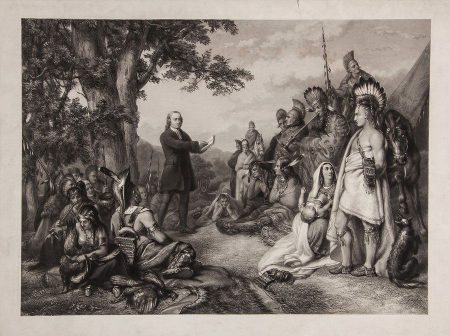 English School (19th Century) [John Wesley Preachi: English School (19th Century) [John Wesley Preaching to the Indians in Georgia in 1736],mixed-method engraving on chine appliqué, unlettered proof, mid 19th century, 525 x 680mm. (20 5/8 x 26