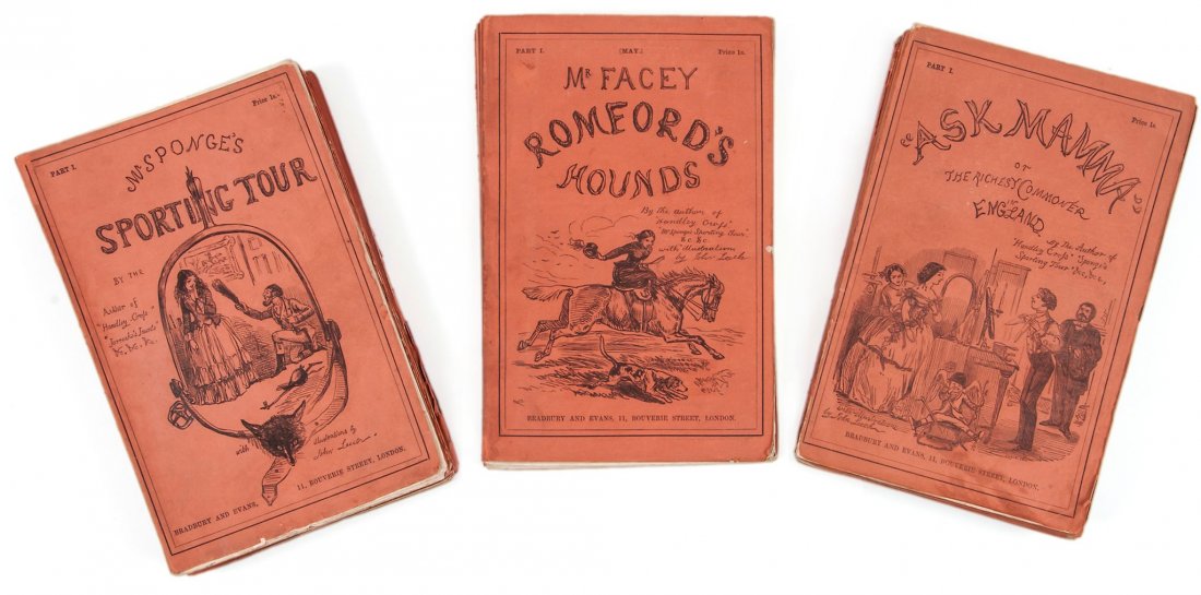 [Surtees (Robert Smith)] - "Ask Mamma"; or, The Ri: in the original 13 parts, first edition, first issue with title in outline on upper cover of part I, 13 hand-coloured etched plates by John Leech, wood-engraved illustrations, with all advertisements