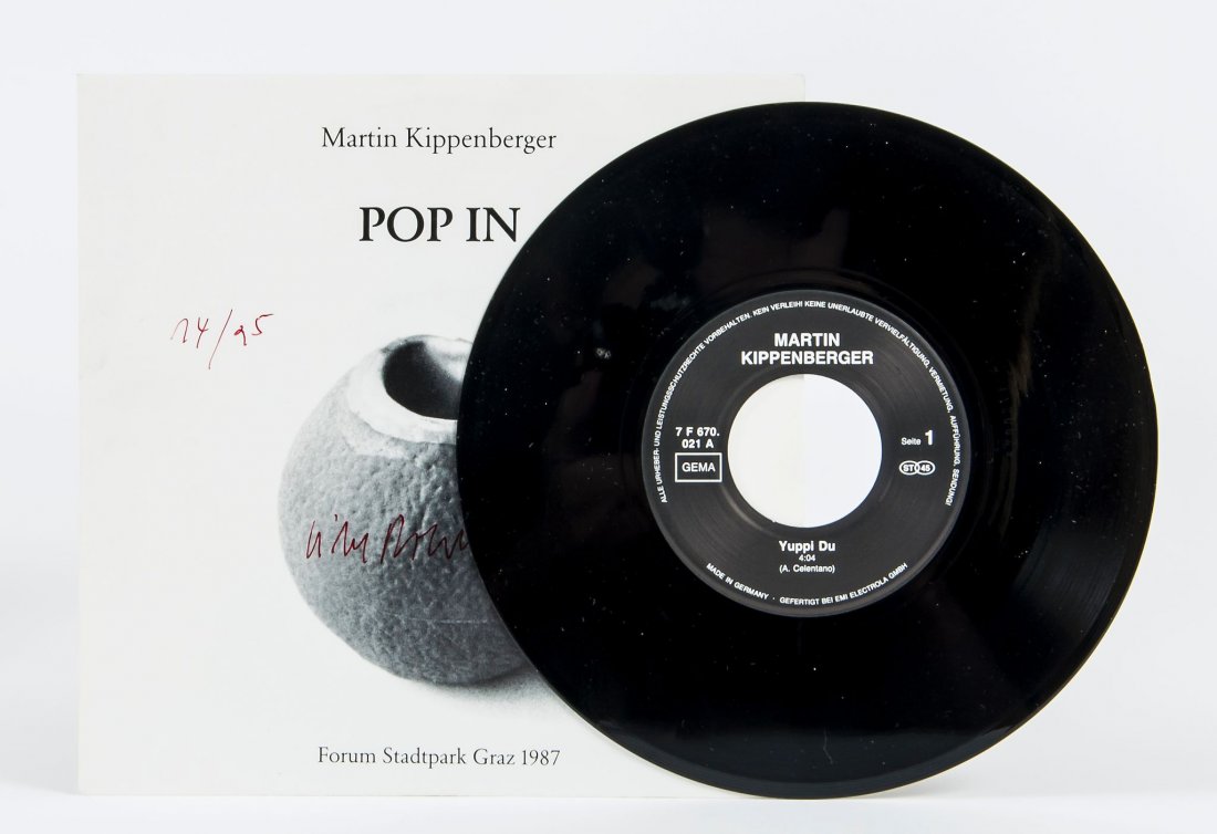 Martin Kippenberger (1953-97) Pop In, 1987: Martin Kippenberger (1953-97) Pop In, 1987the multiple, comprising a 7-inch vinyl disc, housed in printed sleeve signed and numbered here 14/25 7 x 7 in., 17.8 x 17.8 cm