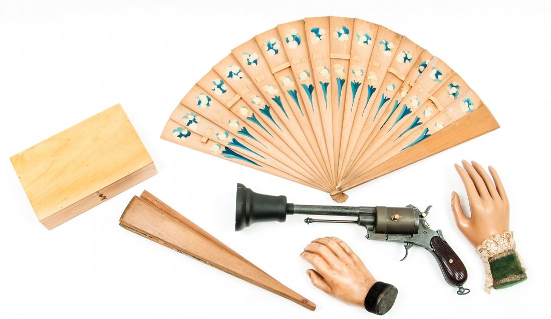 Bewitched, Bothered and Bewildered,: originated by Maurice Fogel, bottle opener, nuber cards and instructions, in wooden box, Supreme Magic ; Sands of Tomorrow, with instructions, Louis Tannen ; two Disintegrating Fans, painted wooden sl