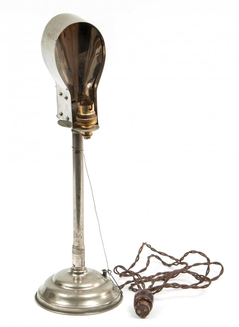 Birdlos Lamp,: the hooded chrome lamp fitted for two bulbs, with one adaptor and fake bulb, the latter in wooden box with New Year greeting to John Forrest from John and Anne Davenport, 445mm. high , Davenport , [c.