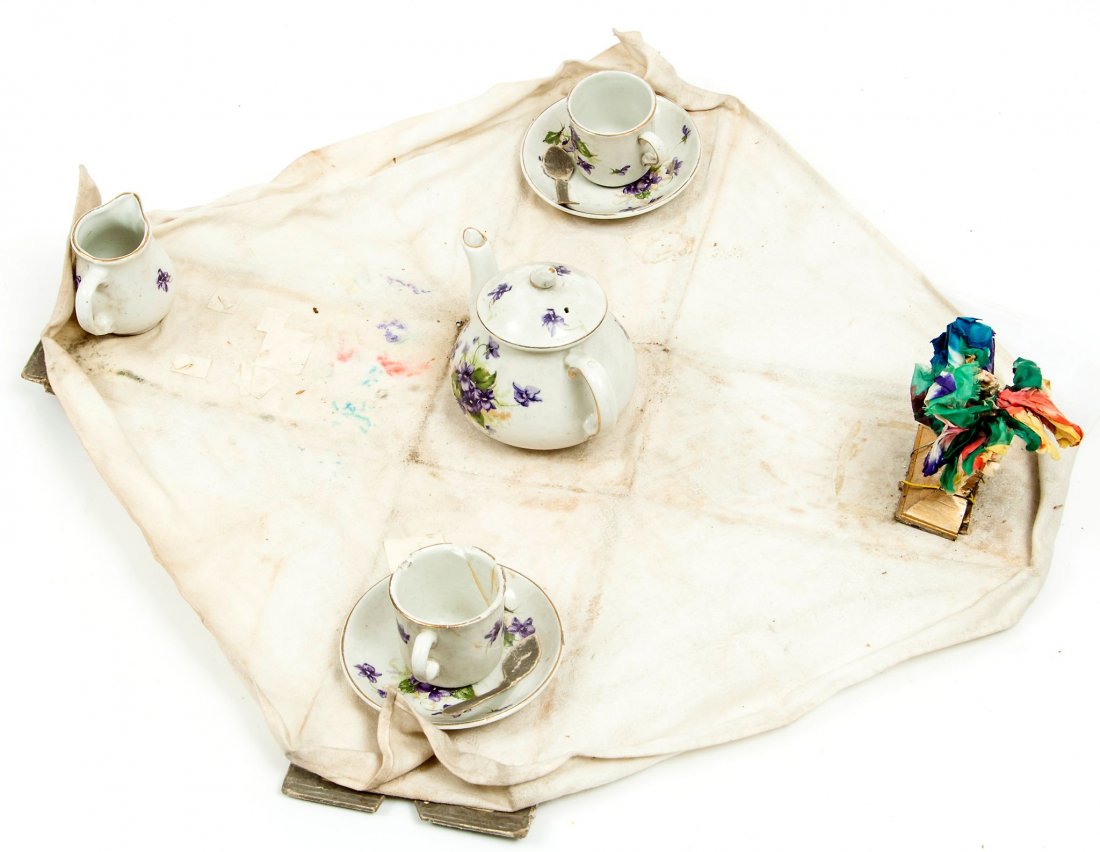 Van Bern (Chris) - The original "Tea to Tea Tray",: comprising a box of Lyon’s Tea, opening out to reveal a miniature teapot, milk jug, two cups and saucers and a vase of flowers laid out on a napkin, 440mm. by 420mm .