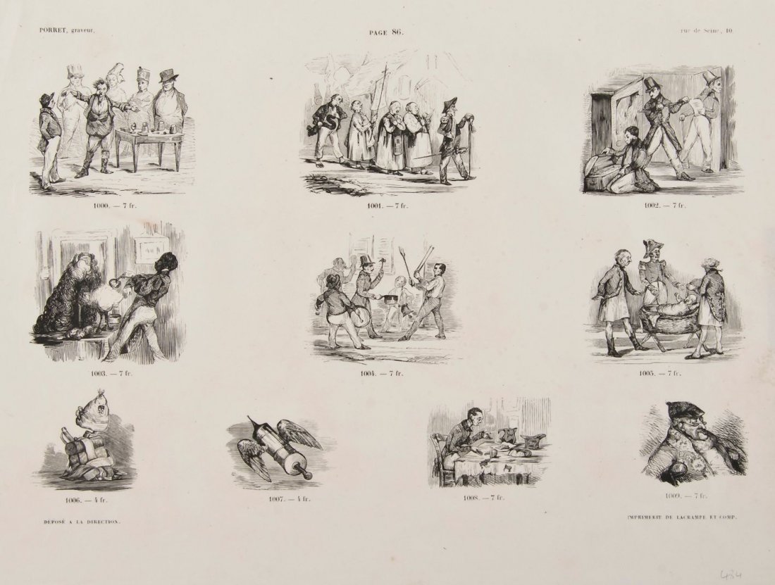 Porret (H[enri]?) - Three sheets numbered 78, 86 a: 30 wood-engraved illustrations including a wizard, two conjurors performing with cups and balls, and an equilibrist with a cup on the nearby table, in heavy card mounts, 256mm. by 356mm ., [ Paris ], 