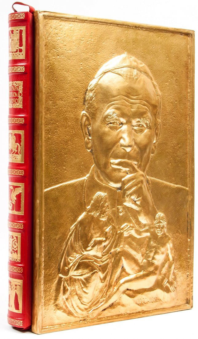 Pope John Paul II.- Acrocco (E.F.) and others. - I: edited by Emilio Cavaterra, one of 999 copies, 14 plates after paintings by Georg Hieronymi, contemporary red morocco, gilt, polished brass covers in bas-relief, in burgundy silk covered slip-case, f