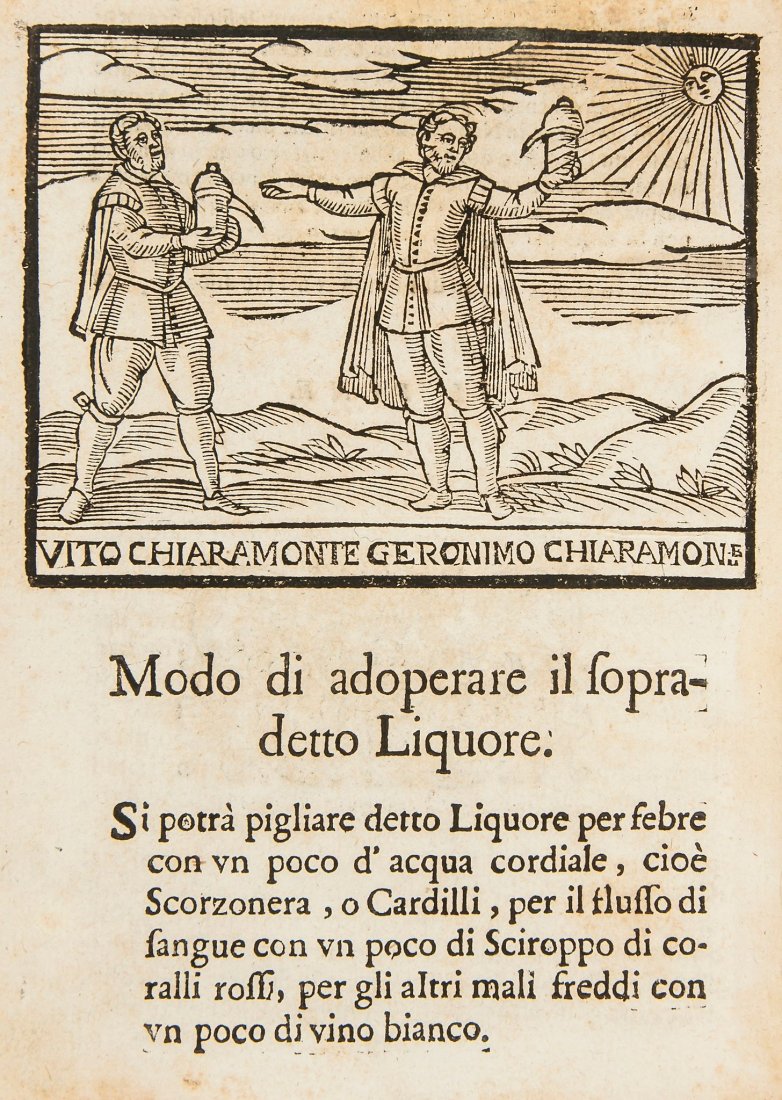 Chiaramonte (Gieronimo) - Discorsi...Della medicin: dell'Oro Potabile, e sue Marauiglie, Stampati per Vito Chiaramonte su Fratello , woodcut arms on title, double portrait at end, initials, tail-pieces, fore-edge margins little frayed, staining and mar