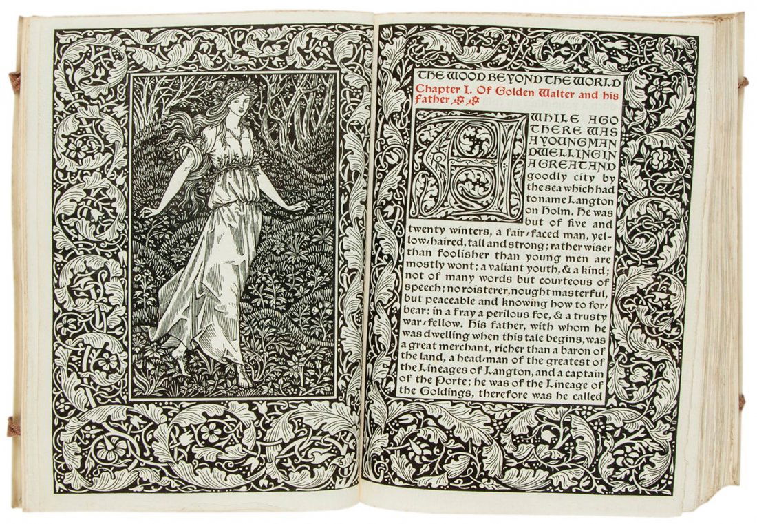 Kelmscott Press.- Morris (William) - The Wood Beyond: 1 of 350 copies on paper, frontispiece by Edward Burne-Jones, black and red type, original full limp vellum with gilt lettering to spine and silk ties, a clean copy, [Peterson A27], 8vo, The Kelmscott