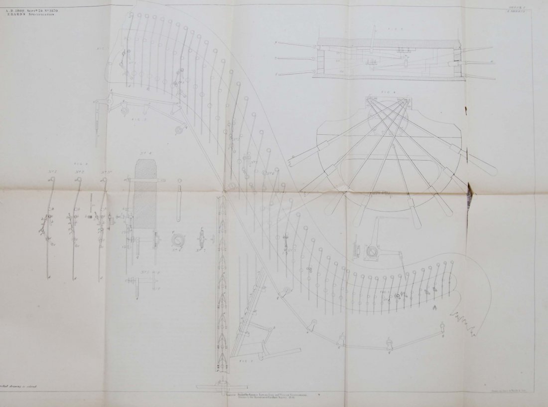 Erard Family. - Specifications for Harps and: 2016; 2502; 2595; 3170; 3332; 3693; 4670; and 6962, 7 vol., large folding lithographed plates, 4670 with four plates, 2016 and 3170 with two plates, the remainder with one, some split or torn at folds