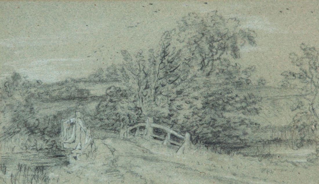 Follower of John Constable - Landscape with bridge: black chalk, heightened with white, on blue coloured paper, 15.5 x 27 cm. (6 1/4 x 10 1/4 in) Provenance: Thomas Agnew & Sons (gallery label on reverse, No. 10680).