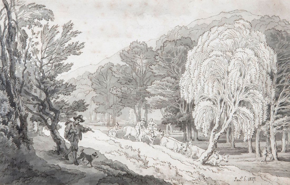 John White Abbott (1763-1851) - Driving cows through a: pen and ink with monochrome wash, over pencil, dated Jany 6 1827 lower right, 18.5 x 29 cm (7 1/4 x 11 1/4 in). Provenance: Chris Beetles gallery label on reverse.