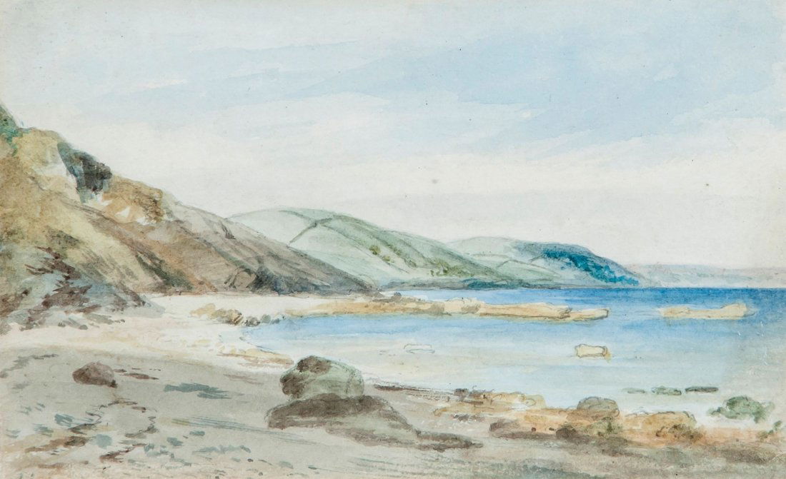 Follower of John Constable - The Coast at Osmington,: watercolour, over pencil, on J. Whatman wove paper watermarked [18]13 , bears pencil signature verso with inscribed title, 11.5 x 18 cm. (4 1/2 x 7 in) Provenance: Hugh Constable, grandson of the arti