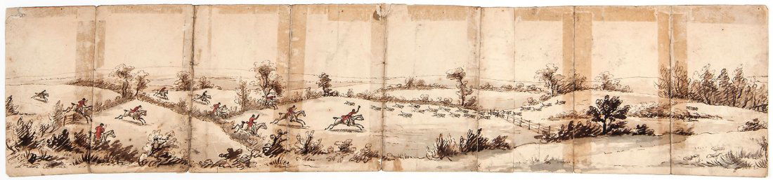 Circle of Henry Thomas Alken - Panorama of a fox hunt,: pen and brown ink, watercolour, on wove paper, with contemporary pen and ink inscription Tally ho!!! Tally ho!!! Gone Away!!! Stole Away!!! There goes Reynolds!!! By Goles, Jack look'ye what a long ta