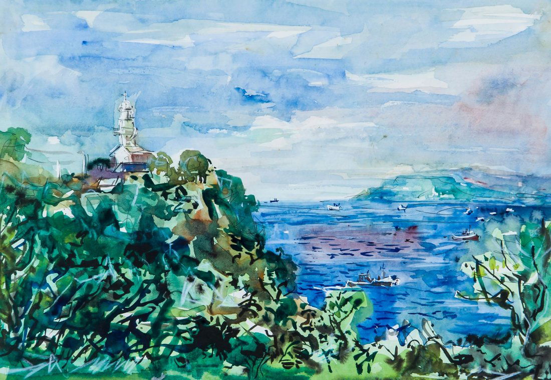 David Smith RE (1920-1999) - Coastal view in South: watercolour and ink, 36.5 x 53cm (14 3/8 x 20 7/8 in). IMPORTANT: This lot is sold subject to Artists Resale Rights, details of which can be found in our Terms and Conditions.