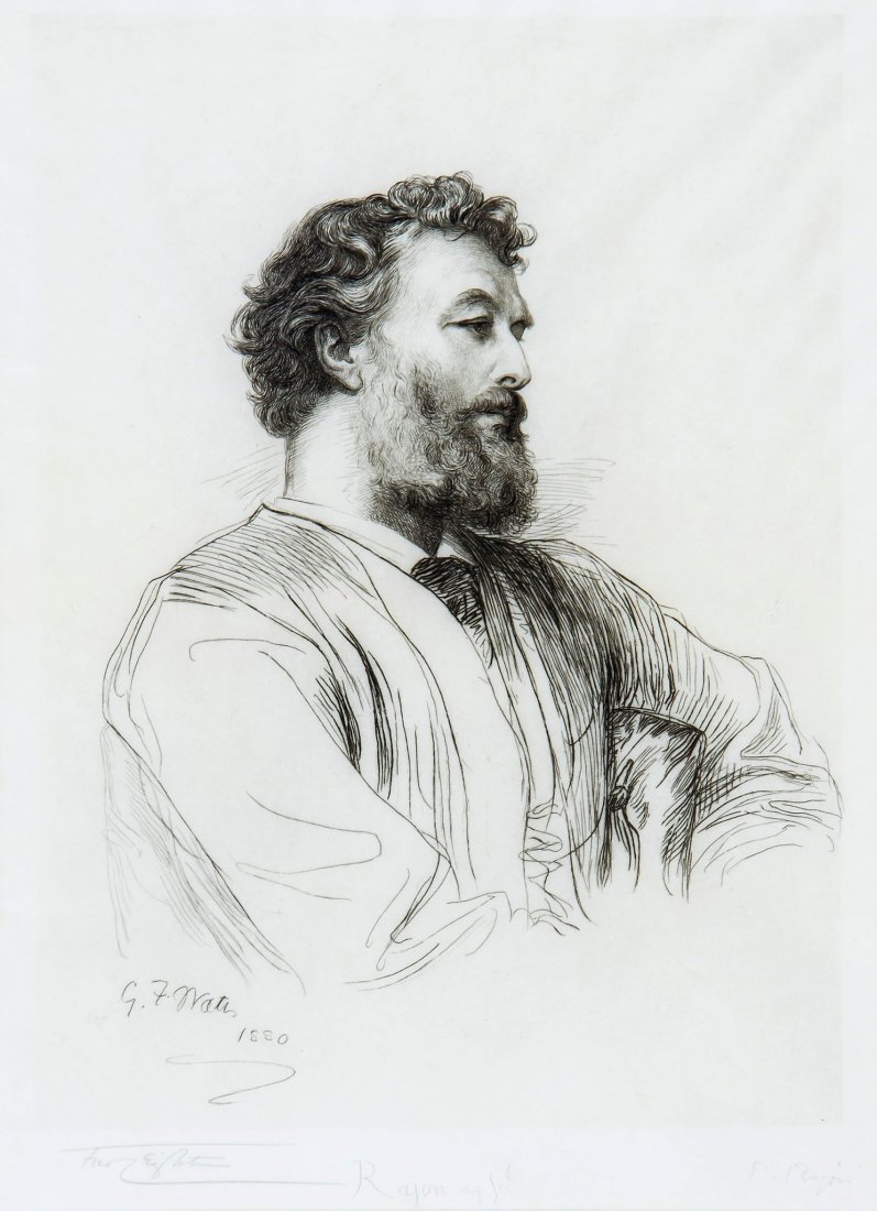 Paul Adolphe Rajon (1843-1888) - Portrait of Frederic: etching with drypoint after George Frederic Watts, proof before title, printed on vellum-type paper, signed in pencil by both Lord Leighton and Rajon, lower left and right, respectively, 1880, by the
