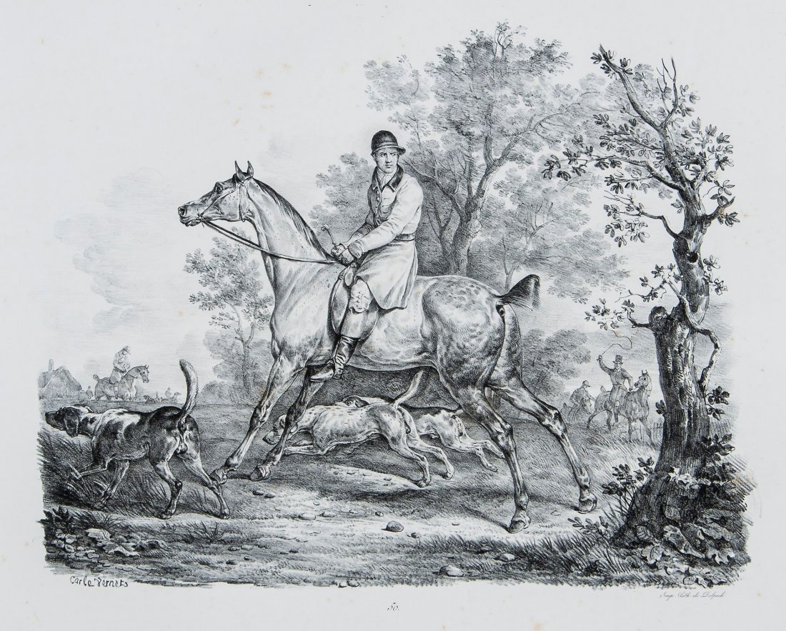 Antoine Charles Horace Vernet (1758-1835) - A group of: 2 with huntsmen mounted, and 2 with horses gambolling, lithographs by F.Delpech for 'Ã‰tudes de Chevaux par Carle Vernet', c.1820, each sheet size c.450 x 610mm. (17 3/4 x 24 in), unframed (4)