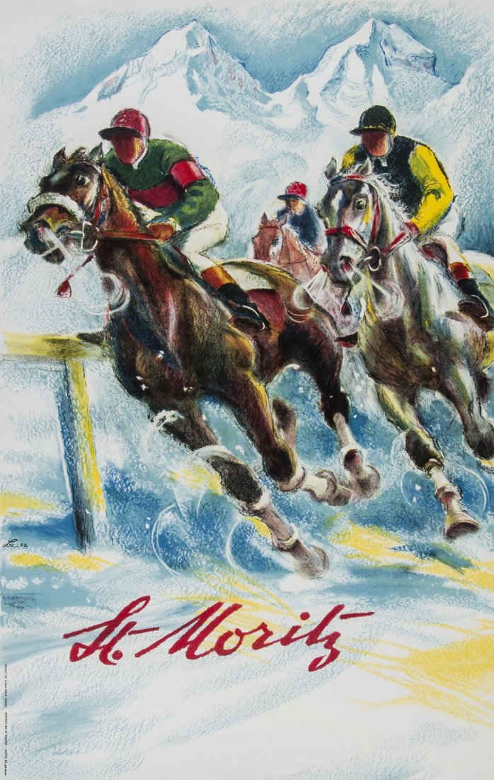 LAUBIE, Hugo ( (1888-1959) - St. MORITZ: lithograph in colours, 1952, printed by Fretz A.G., ZÃ¼rich, cond. A; backed on linen 40 x 25Â½in. (102 x 65cm.)