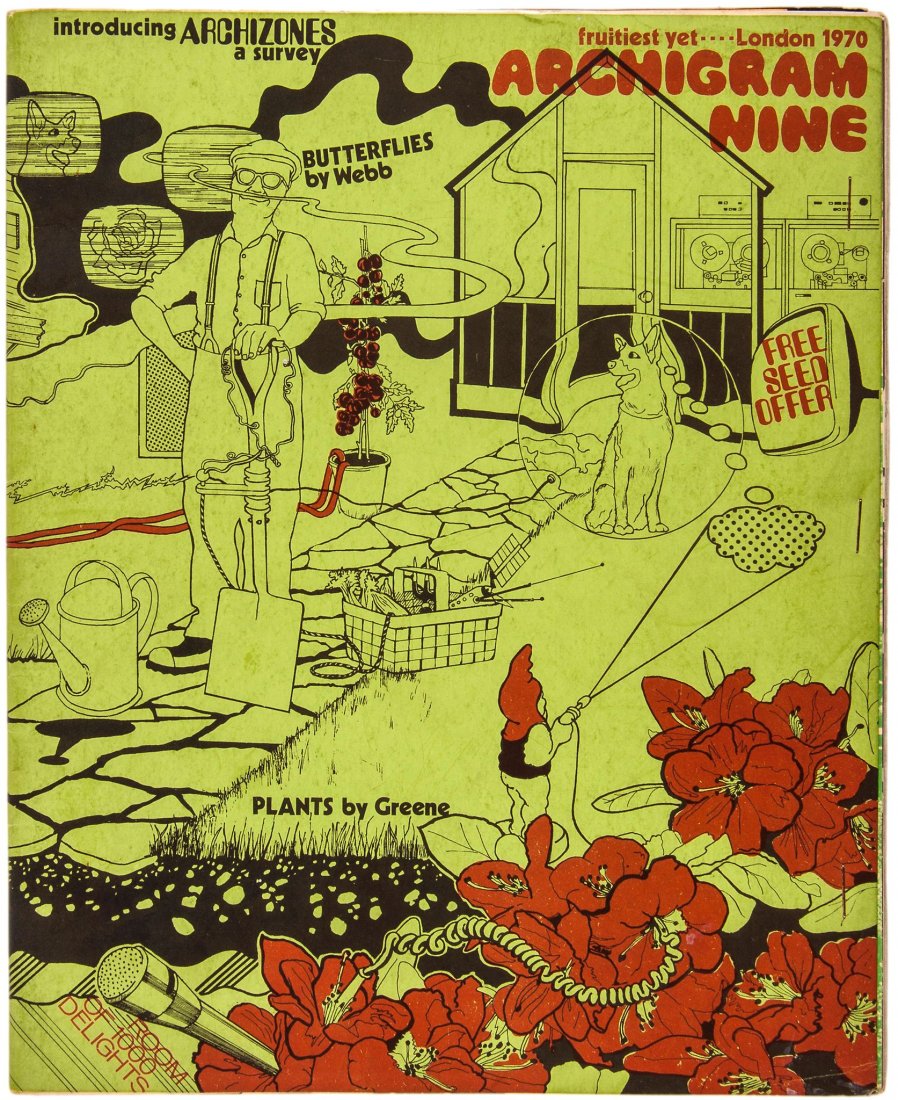 Archigram Nine, first edition, illustrations: (Peter, editor ) Archigram Nine, first edition , illustrations, with free seed packet stapled to head of one sheet and 2 folded flyers for 'Architectural Design' and 'An Instant City Workshop' loosely